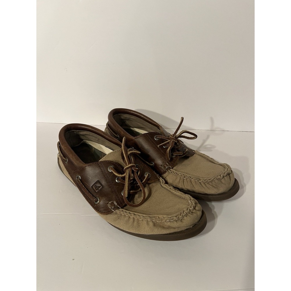 Sperry Top-Sider Boat Shoes Mens Canvas Leather Brown Tan Deck Loafers Size 9.5